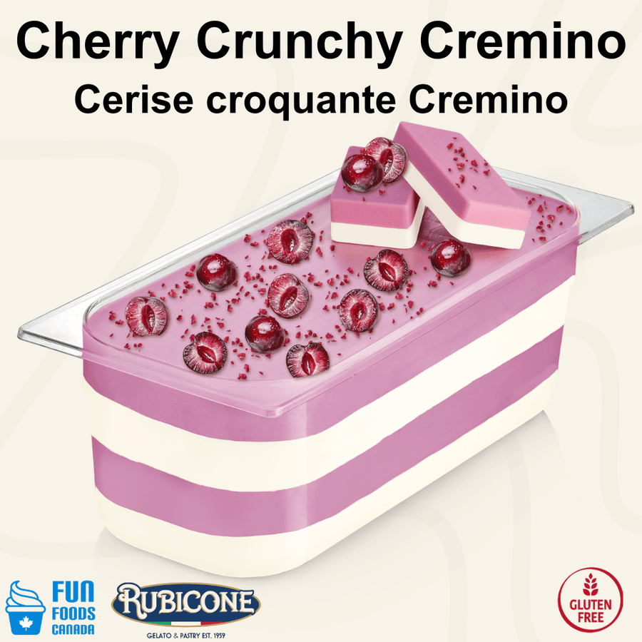 Rubicone Cherry Crunchy Cremino for premium gelato layers and textures, featuring layered cherry cremino in a display pan topped with crunchy pieces, cherry inclusions, and decorative cremino bars. Available in Canada from Fun Foods Canada.
