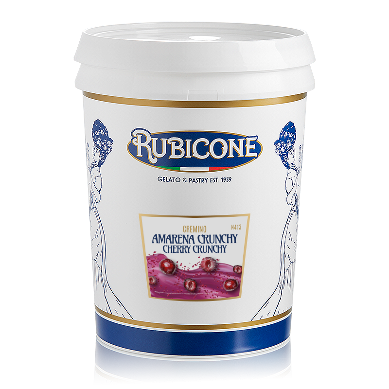 5 KG bucket of Rubicone Crunchy Cherry spreadable filling cream, "Cremino Cherry Crunchy" on a white background