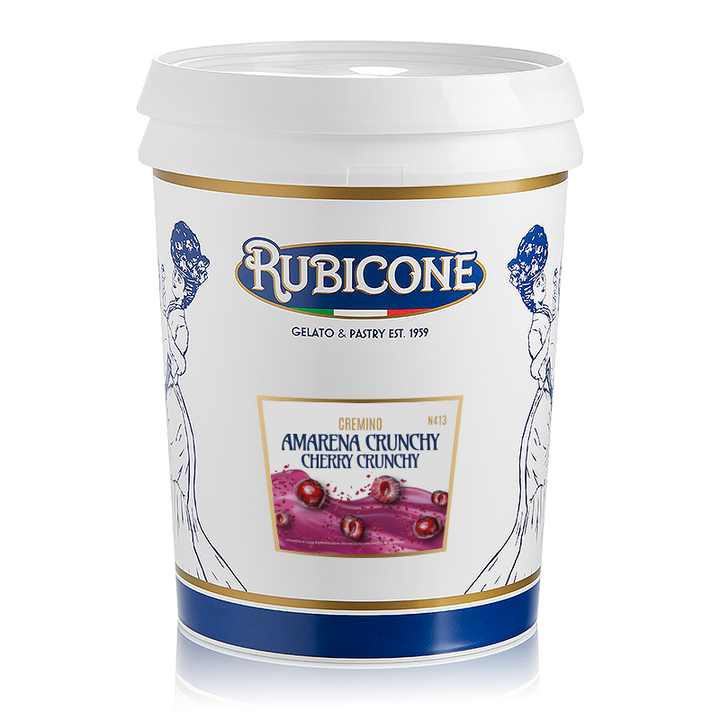 5 KG bucket of Rubicone Crunchy Cherry spreadable filling cream, "Cremino Cherry Crunchy" on a white background