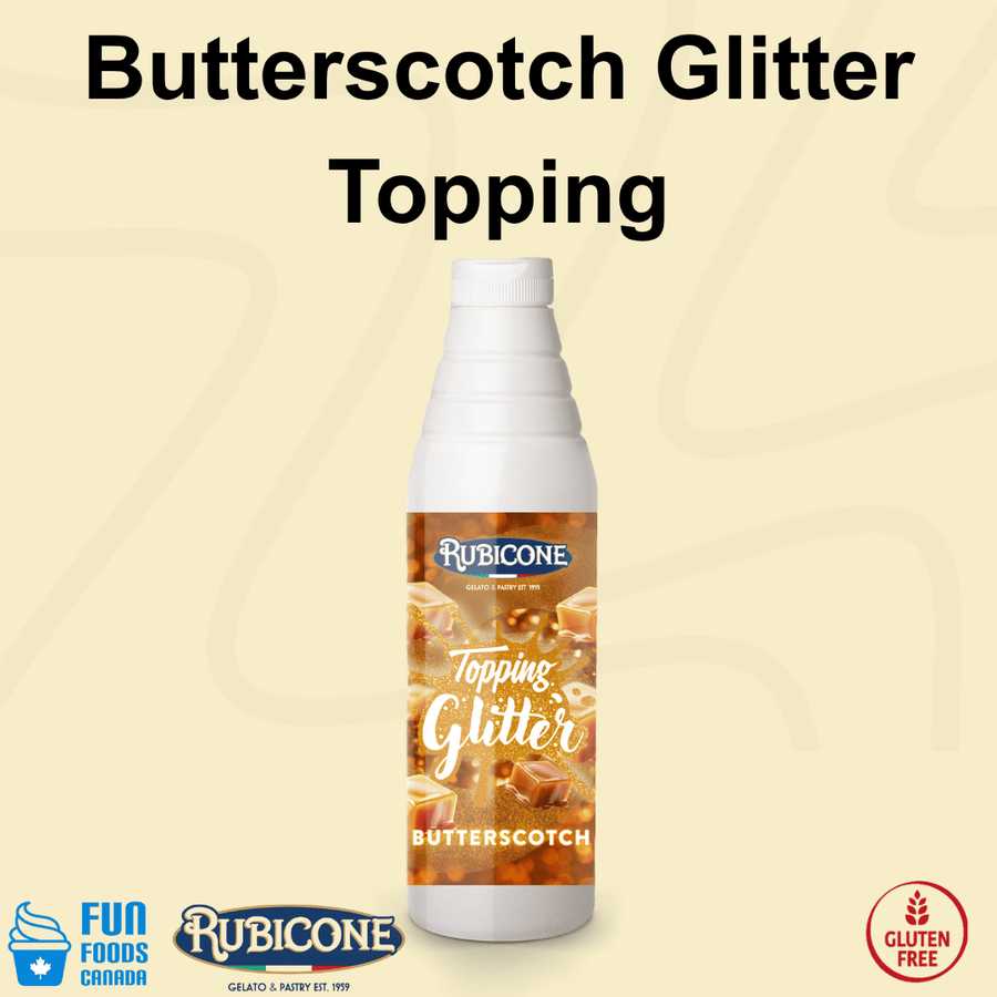 Rubicone Butterscotch Glitter Topping, a rich butterscotch-flavoured dessert sauce with a shimmering glitter effect for decorating gelato, ice cream, frozen yogurt, milkshakes, pastries and desserts. Gluten-Free.
