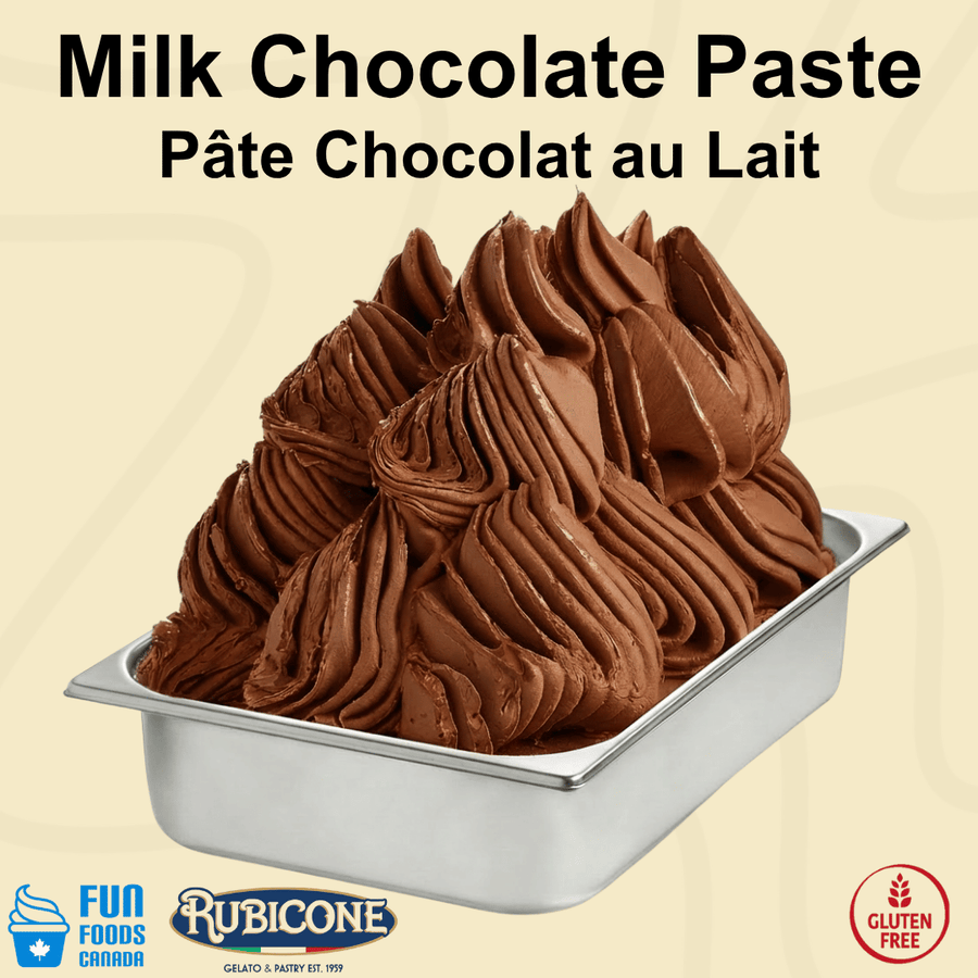 Milk Chocolate Gelato in a wide metal gelato pan with Fun Foods Canada and Rubicone branding and a gluten-free badge. 
