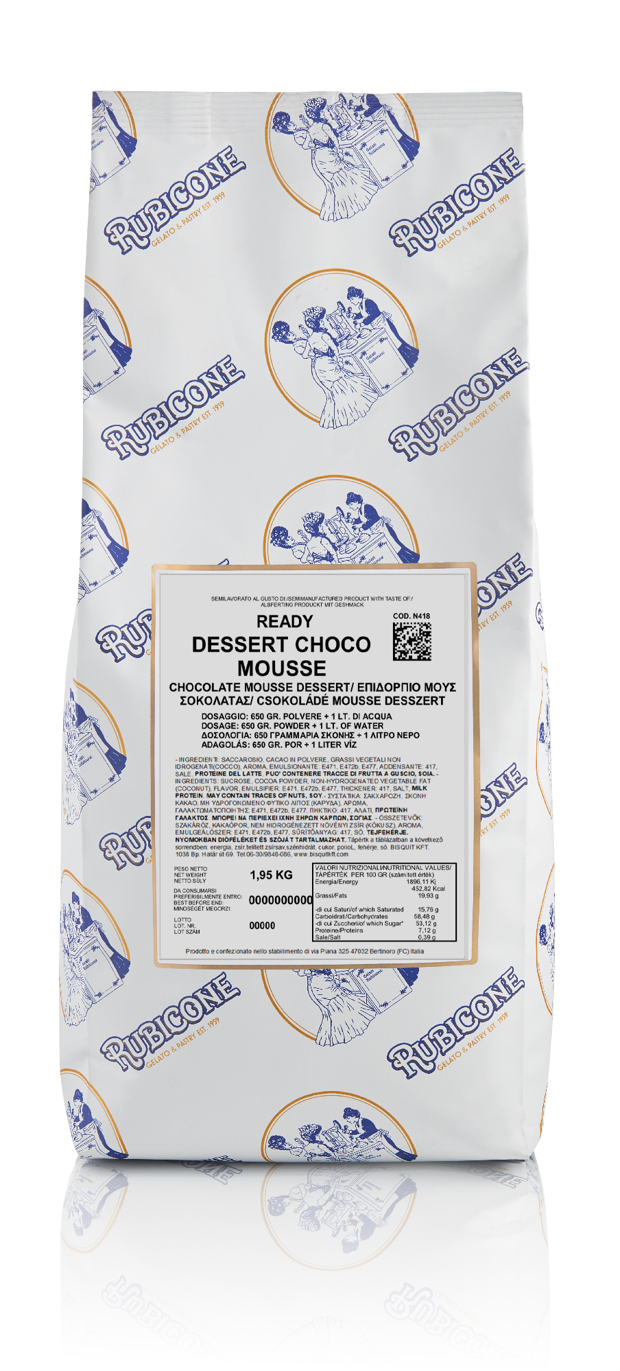 A 1.65 kg bag of Ready Dessert Choco Mousse by Rubicones, featuring a white bag with blue and gold logo patterns and a central white label with black text.
