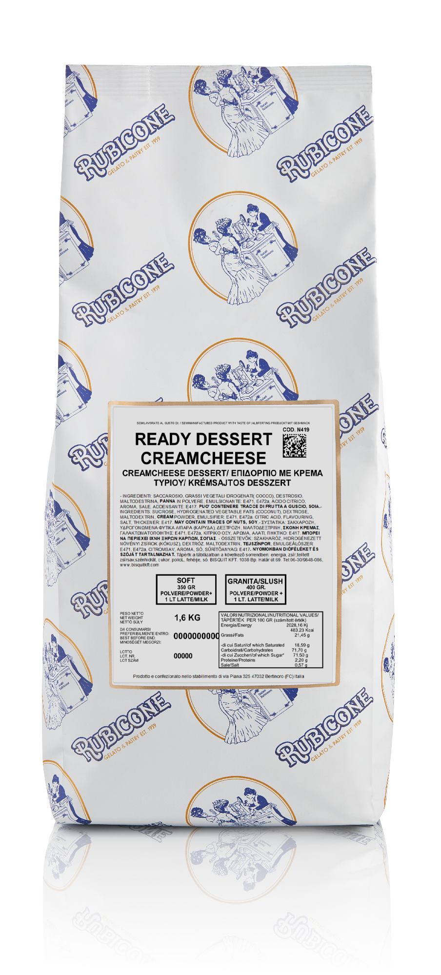 A 1.6 kg bag of Rubicone Ready Dessert Creamcheese, featuring a white bag with blue brand logos and a central white label with black text and a gold border.