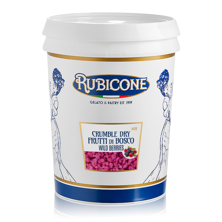 A white plastic tub of Rubicone Crumble Dry Frutti di Bosco Wild Berries, featuring a white label with blue illustrations, gold trim, and a photo of pink dried berries.