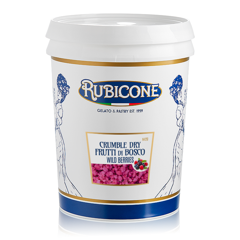 A white plastic tub of Rubicone Crumble Dry Frutti di Bosco Wild Berries, featuring a white label with blue illustrations, gold trim, and a photo of pink dried berries.