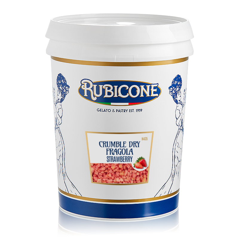 A white plastic tub of Rubicone Crumble Dry Fragola Strawberry, featuring a white lid, blue and gold branding, and a label showing the pinkish-red dried fruit mix.
