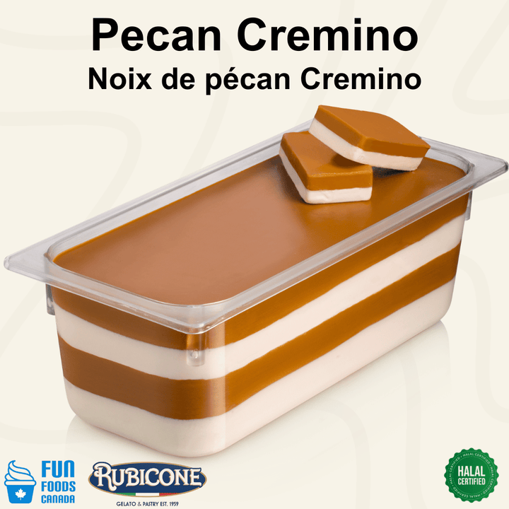 Rubicone Pecan Nut Cremino for premium gelato layers and textures, featuring layered pecan cremino in a display pan topped with decorative cremino bars. Available in Canada from Fun Foods Canada.