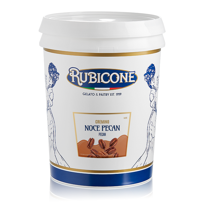 5 KG bucket of Rubicone Pecan Nut Spreadable Filling Cream with crunchy pecan nut pieces on a white background