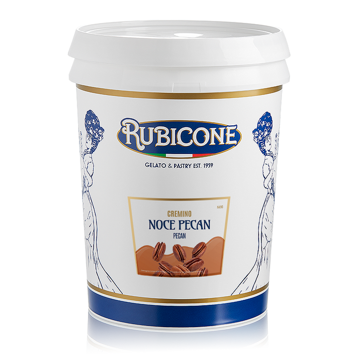 5 KG bucket of Rubicone Pecan Nut Spreadable Filling Cream with crunchy pecan nut pieces on a white background