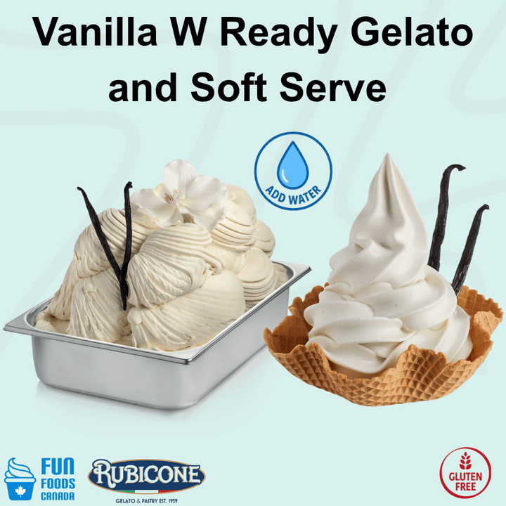 Rubicone Vanilla W Ready Gelato mix – classic vanilla-flavoured add-water mix for commercial gelato and soft serve in Canada. Gluten-free.