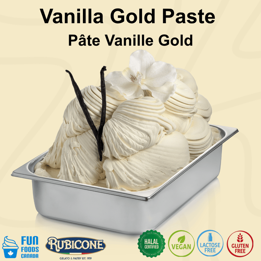 Rubicone Vanilla Gold Paste for authentic Italian gelato, shown as rich, creamy vanilla gelato with natural vanilla flavour and real vanilla bean  in a display pan.