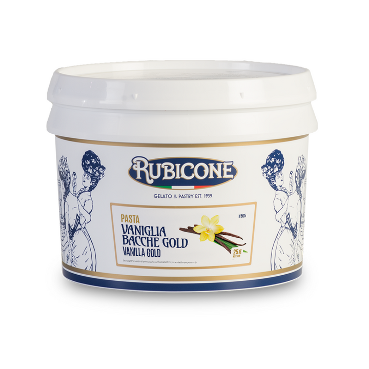 3 KG bucket of Rubicone Vanilla Gold classic gelato paste on a white background