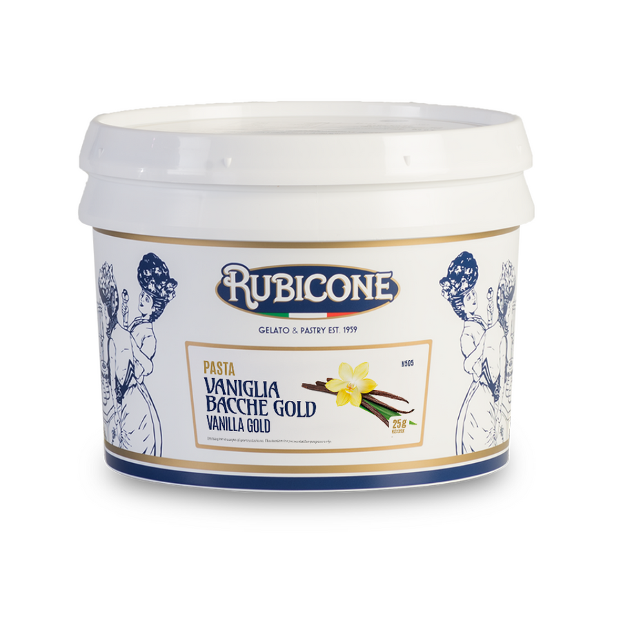 3 KG bucket of Rubicone Vanilla Gold classic gelato paste on a white background