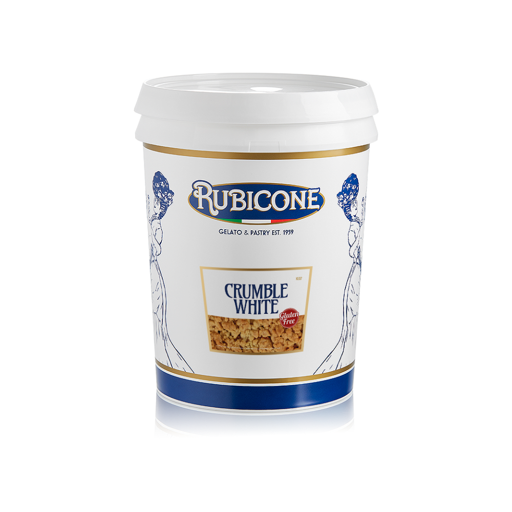 4 KG bucket of Rubicone White Chocolate Crumble (Crumble White) on a white background with gluten-free label