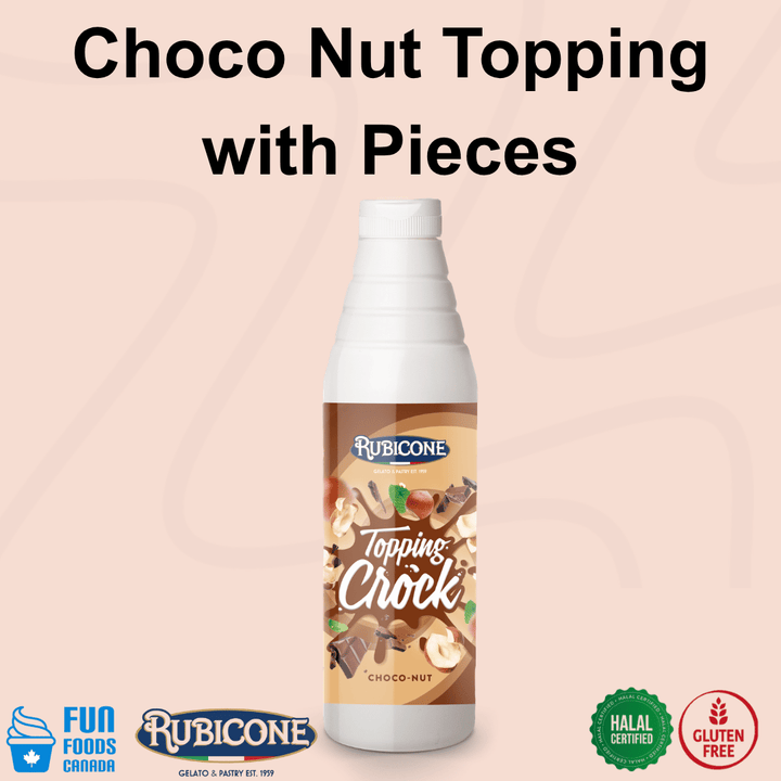 Rubicone Choco Nut Crock Topping with Pieces, a rich chocolate and hazelnut dessert topping containing crunchy pieces for adding flavour and texture to gelato, ice cream, frozen yogurt, pastries and desserts. Halal and Gluten-Free.
