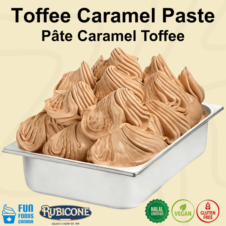 Rubicone Toffee Caramel Paste for authentic Italian gelato, shown as creamy caramel gelato with rich toffee caramel swirls in a display pan.