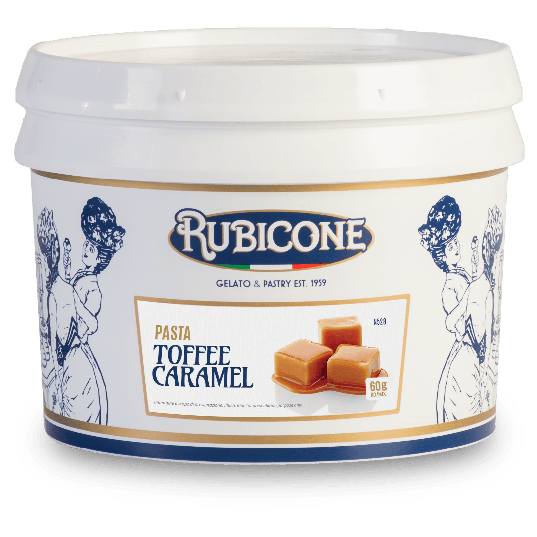 3 KG bucket of Rubicone Toffee Caramel Classic Gelato Paste on a white background