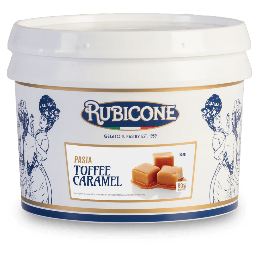 3 KG bucket of Rubicone Toffee Caramel Classic Gelato Paste on a white background