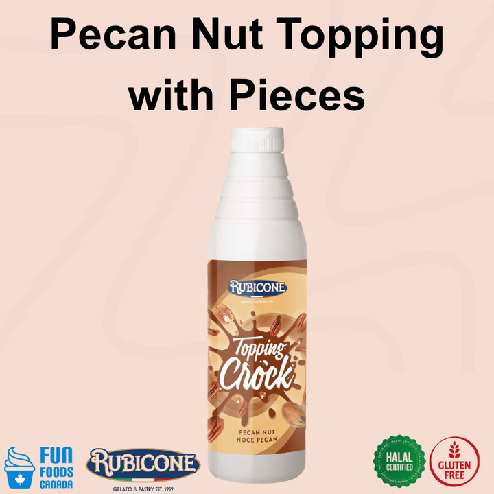 Rubicone Pecan Nut Crock Topping with Pieces, a rich pecan-flavoured dessert topping containing crunchy pecan pieces for adding flavour and texture to gelato, ice cream, frozen yogurt, pastries and desserts. Halal and Gluten-Free.
