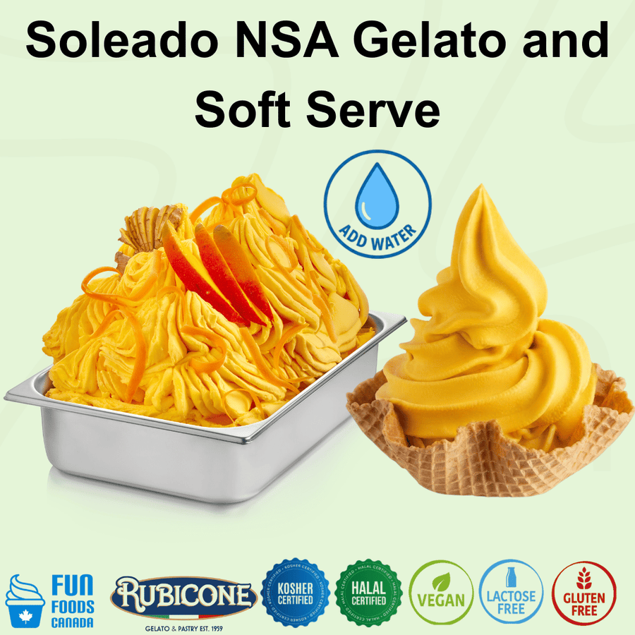 Rubicone Soleado NSA – no-sugar-added citrus-flavoured mix for commercial gelato and soft serve in Canada. Vegan, kosher, halal, lactose-free and gluten-free.
