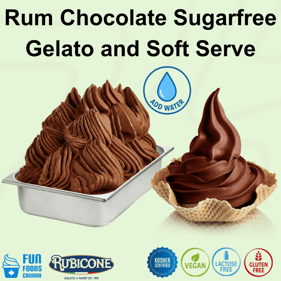 Rubicone Rum Chocolate Sugarfree – sugar-free rum chocolate mix for commercial gelato and soft serve in Canada. Mix with water. Vegan, kosher, lactose-free and gluten-free.
