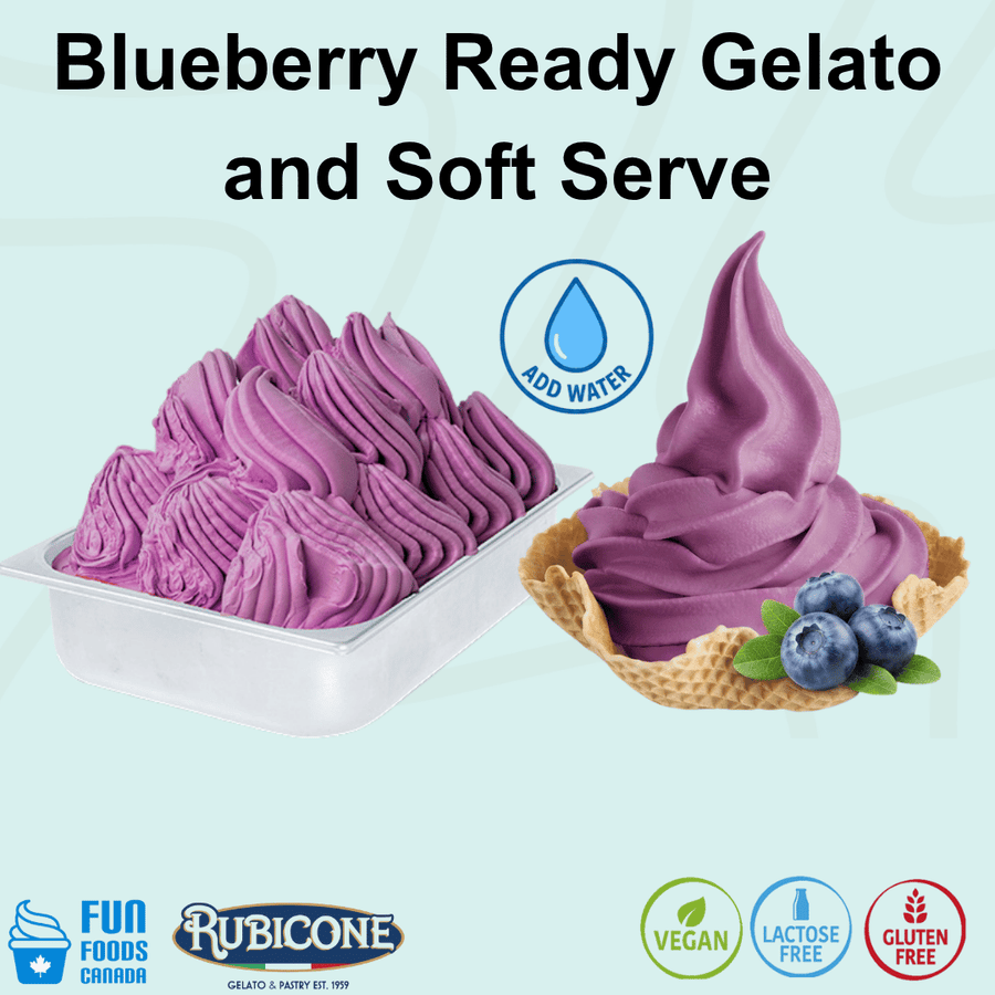 Rubicone Blueberry Ready Gelato and Soft Serve mix – fruity blueberry-flavoured add-water mix for commercial gelato and soft serve machines in Canada. Vegan, lactose-free and gluten-free.
