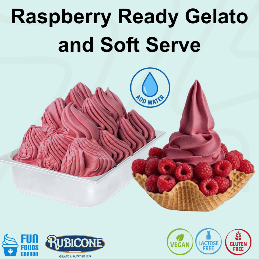 Rubicone Raspberry Ready Gelato and Soft Serve mix – vibrant raspberry-flavoured add-water mix for commercial gelato and soft serve machines in Canada. Vegan, lactose-free and gluten-free.
