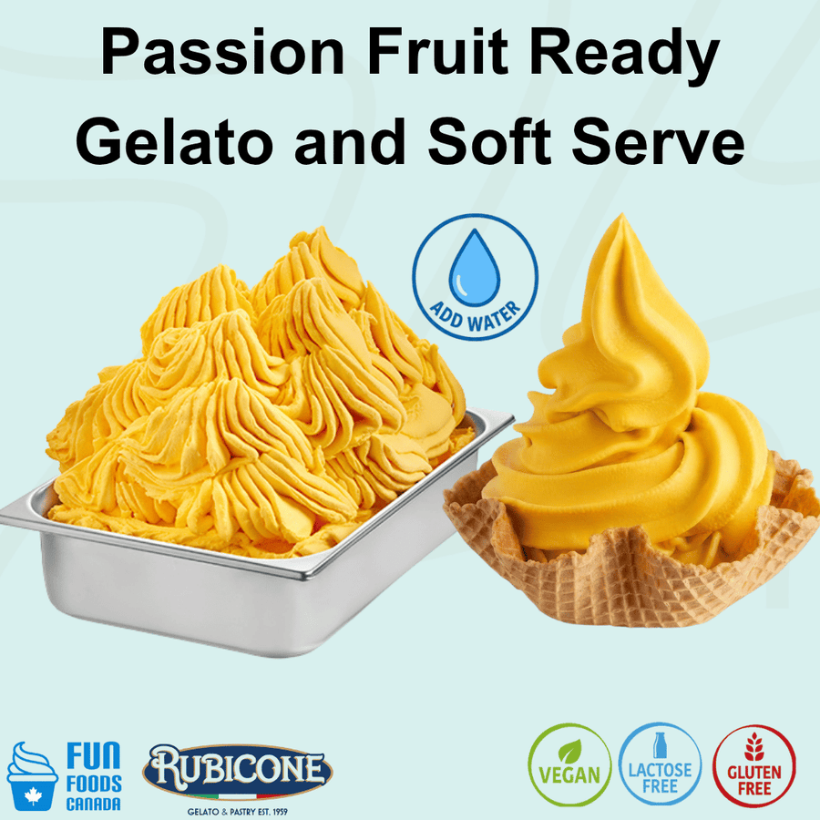 Rubicone Passion Fruit Ready Gelato and Soft Serve mix – tropical passion fruit-flavoured add-water mix for commercial gelato and soft serve machines in Canada. Vegan, lactose-free and gluten-free.
