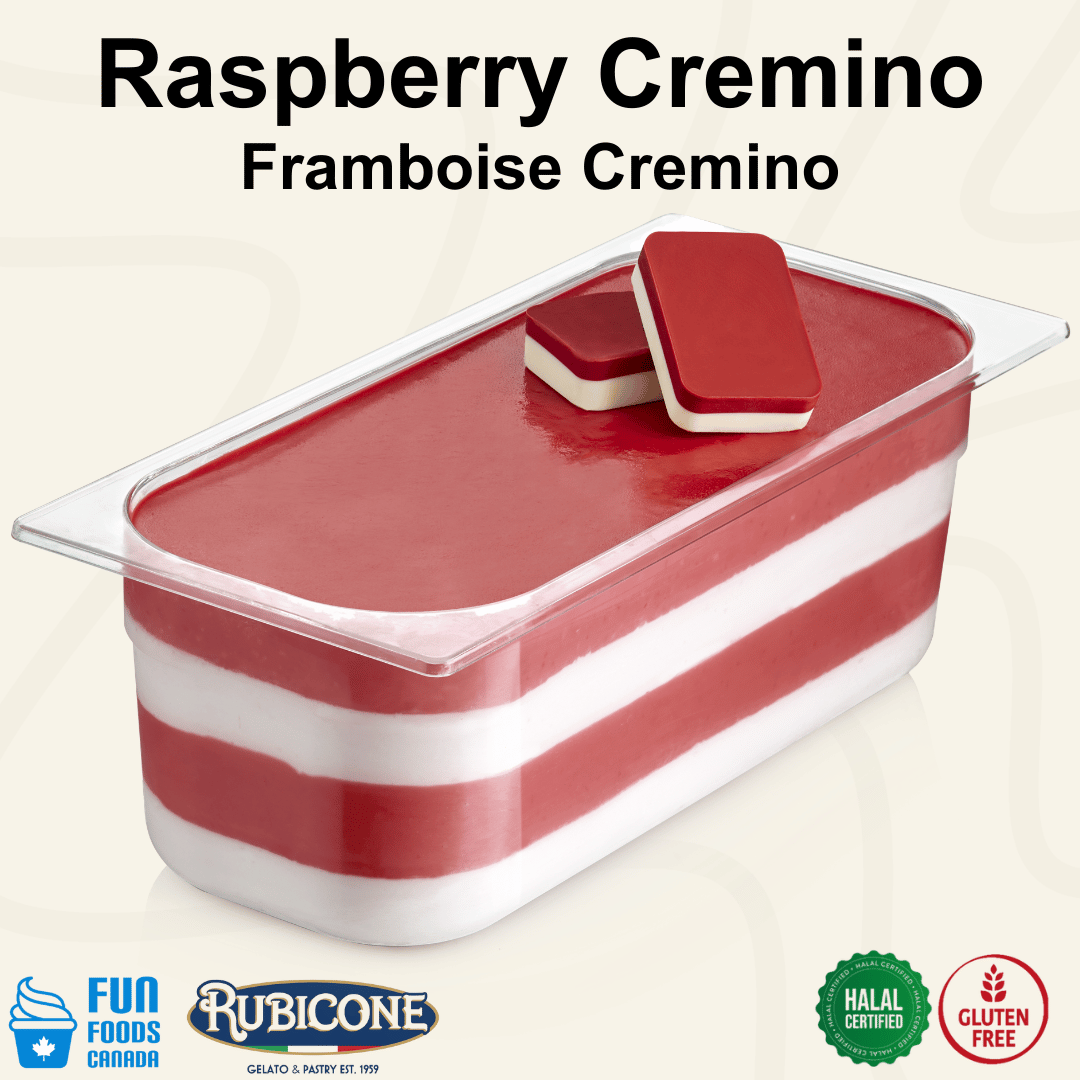 Rubicone Raspberry Cremino for premium gelato layers and textures, featuring layered raspberry cremino in a display pan topped with decorative cremino bars. Available in Canada from Fun Foods Canada.