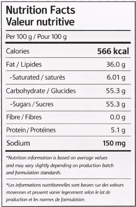 Nutrition facts label for N570 Cremino Raspberry 
