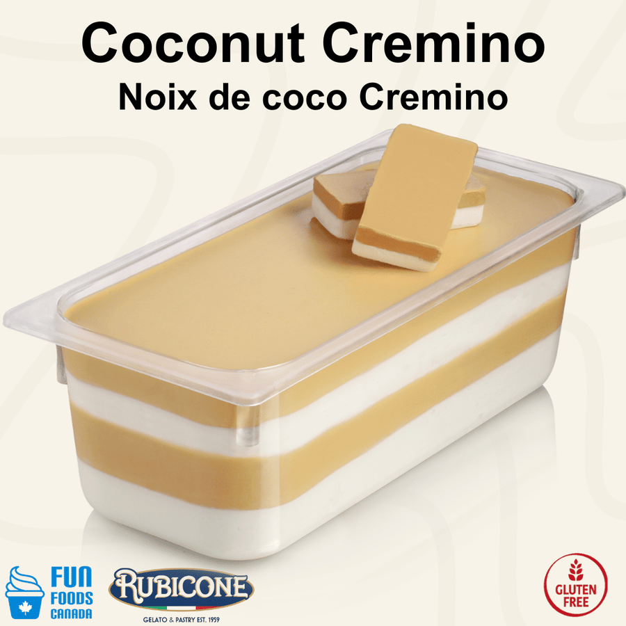 Rubicone Coconut Cremino for premium gelato layers and textures, featuring layered coconut cremino in a display pan topped with shredded coconut and decorative cremino bars. Available in Canada from Fun Foods Canada.