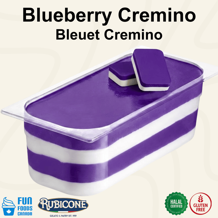 Rubicone Blueberry Cremino for premium gelato layers and textures, featuring layered blueberry cremino in a display pan with decorative cremino bars. Available in Canada from Fun Foods Canada.