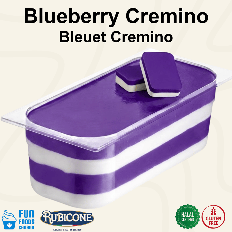 Rubicone Blueberry Cremino for premium gelato layers and textures, featuring layered blueberry cremino in a display pan with decorative cremino bars. Available in Canada from Fun Foods Canada.