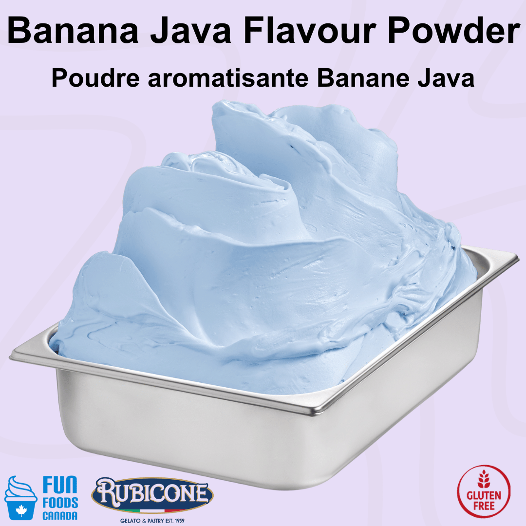 Rubicone Banana Java Plus Flavour Powder for authentic Italian gelato, shown as smooth, creamy Banana Java gelato with a vibrant tropical blue colour in a display pan. Available in Canada from Fun Foods Canada