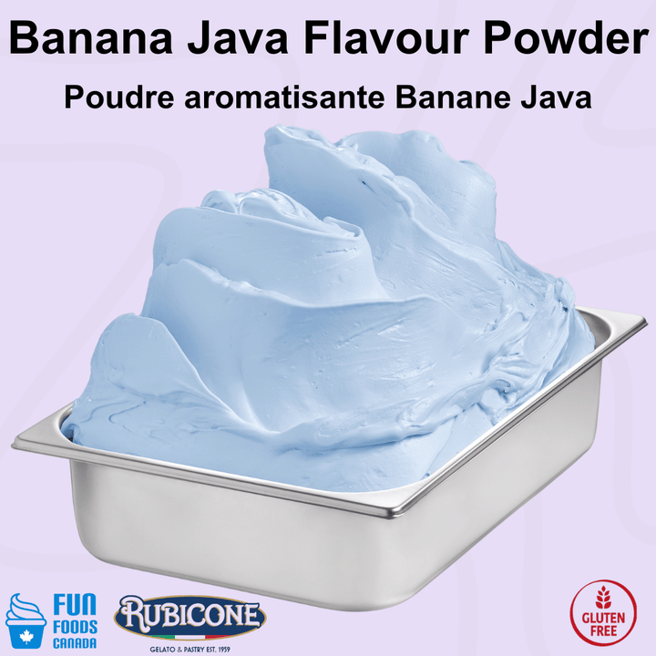 Rubicone Banana Java Plus Flavour Powder for authentic Italian gelato, shown as smooth, creamy Banana Java gelato with a vibrant tropical blue colour in a display pan. Available in Canada from Fun Foods Canada