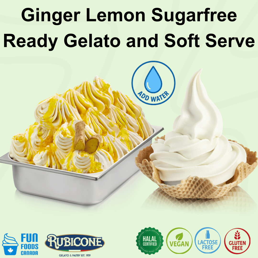 Rubicone Ginger Lemon Sugarfree Ready – sugar-free ginger lemon add-water mix for commercial gelato and soft serve in Canada. Halal, vegan, lactose-free and gluten-free.
