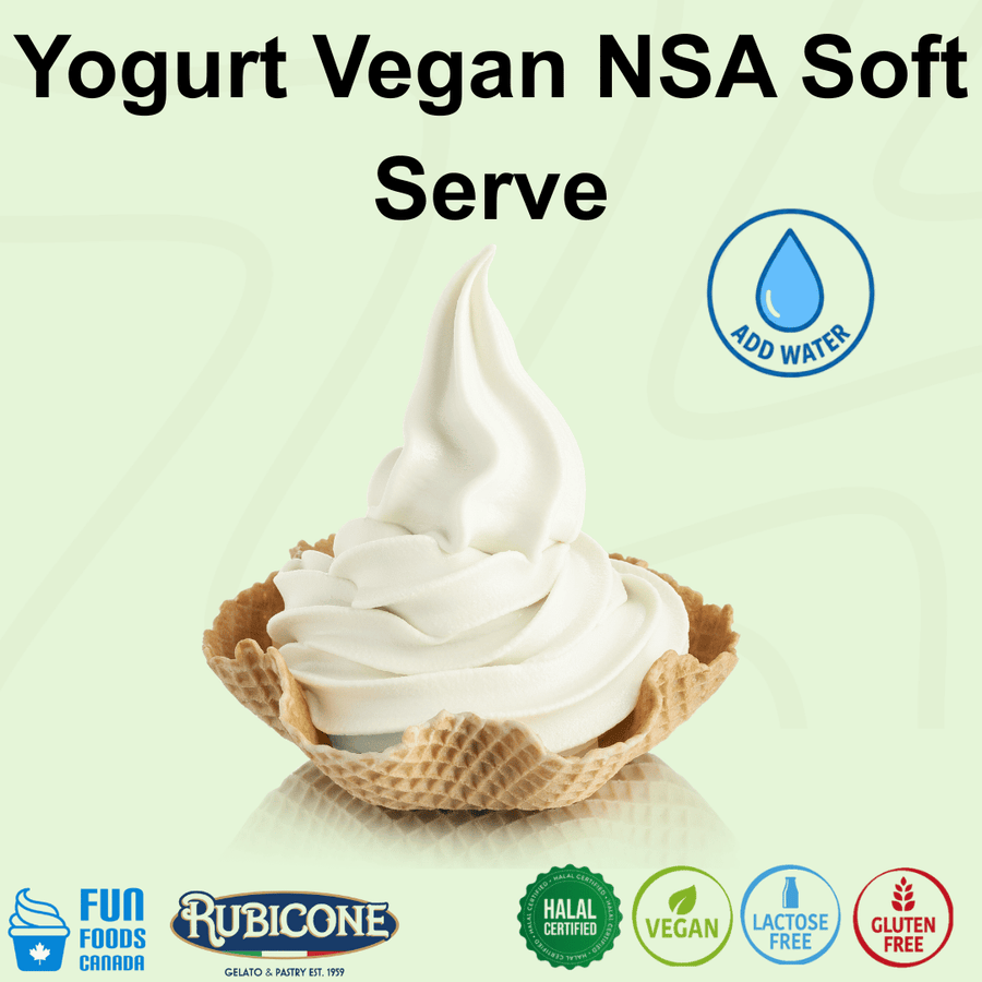 Rubicone Yogurt Vegan NSA – no-sugar-added vegan yogurt soft serve mix with water for commercial soft serve machines. Vegan, lactose-free, halal and gluten-free.
