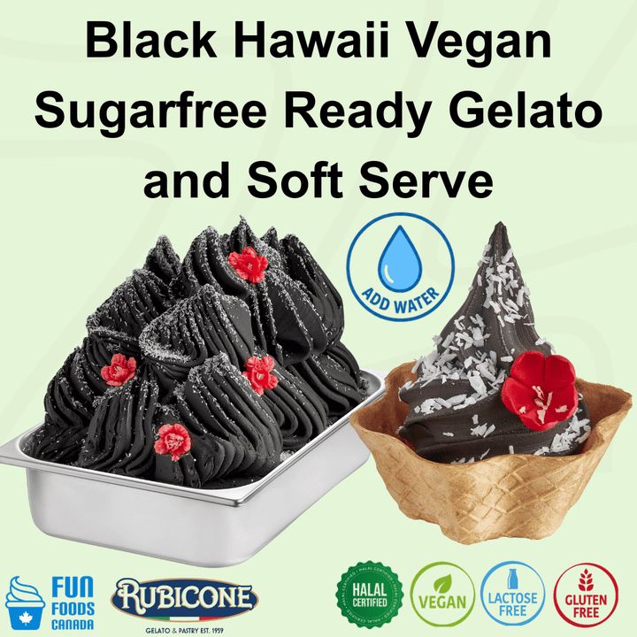 Rubicone Black Hawaii Vegan Sugarfree Ready Gelato mix – black-coloured add-water mix for commercial gelato and soft serve in Canada. Sugar-free, halal, vegan, lactose-free, and gluten-free.
