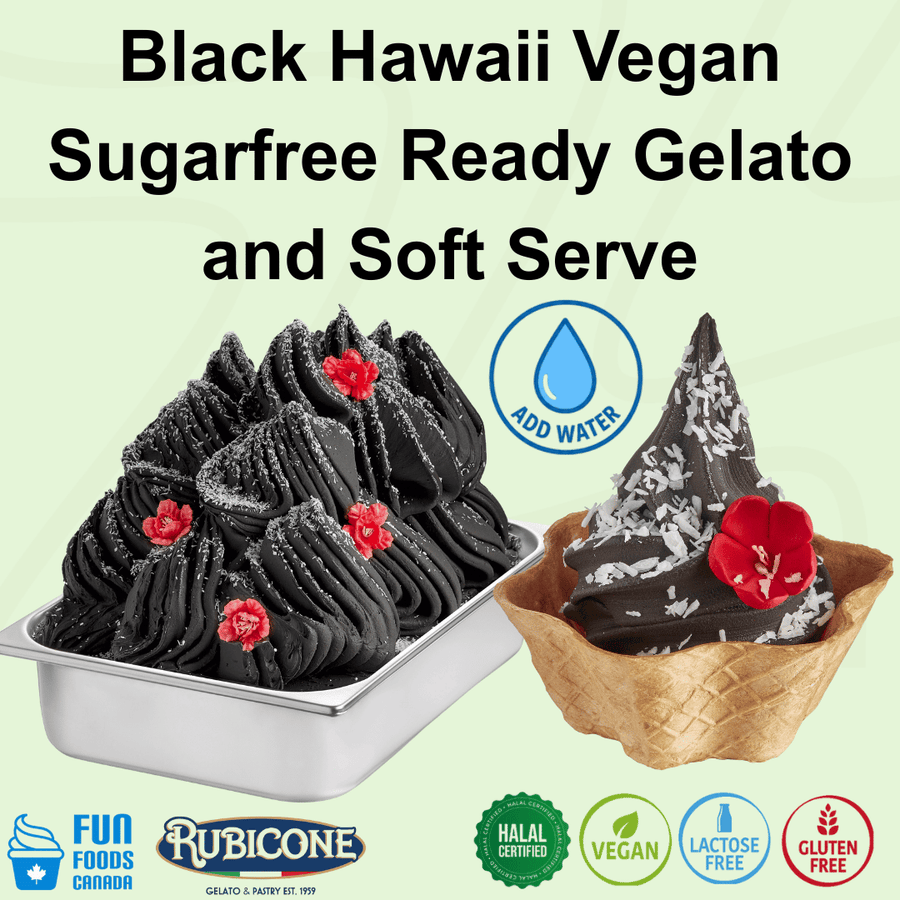 Rubicone Black Hawaii Vegan Sugarfree Ready Gelato mix – black-coloured add-water mix for commercial gelato and soft serve in Canada. Sugar-free, halal, vegan, lactose-free, and gluten-free.
