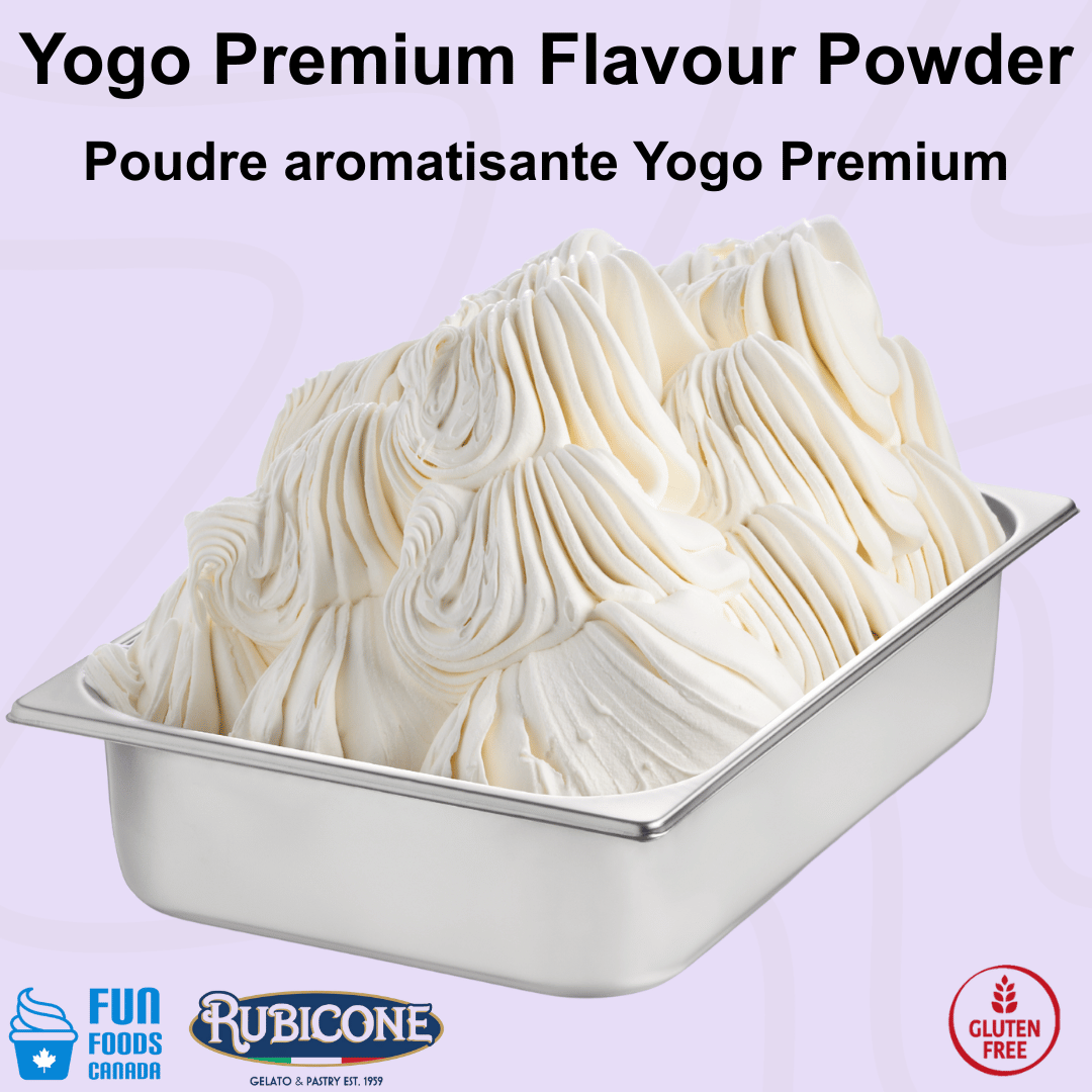Rubicone Yogo Premium Plus Flavour Powder for authentic Italian gelato, shown as smooth, creamy premium yogurt gelato with a bright white colour in a display pan. Available in Canada from Fun Foods Canada.