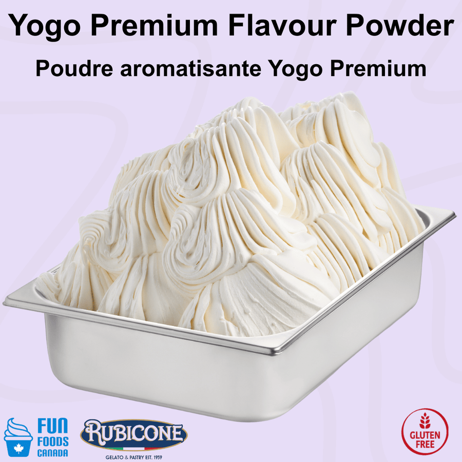 Rubicone Yogo Premium Plus Flavour Powder for authentic Italian gelato, shown as smooth, creamy premium yogurt gelato with a bright white colour in a display pan. Available in Canada from Fun Foods Canada.