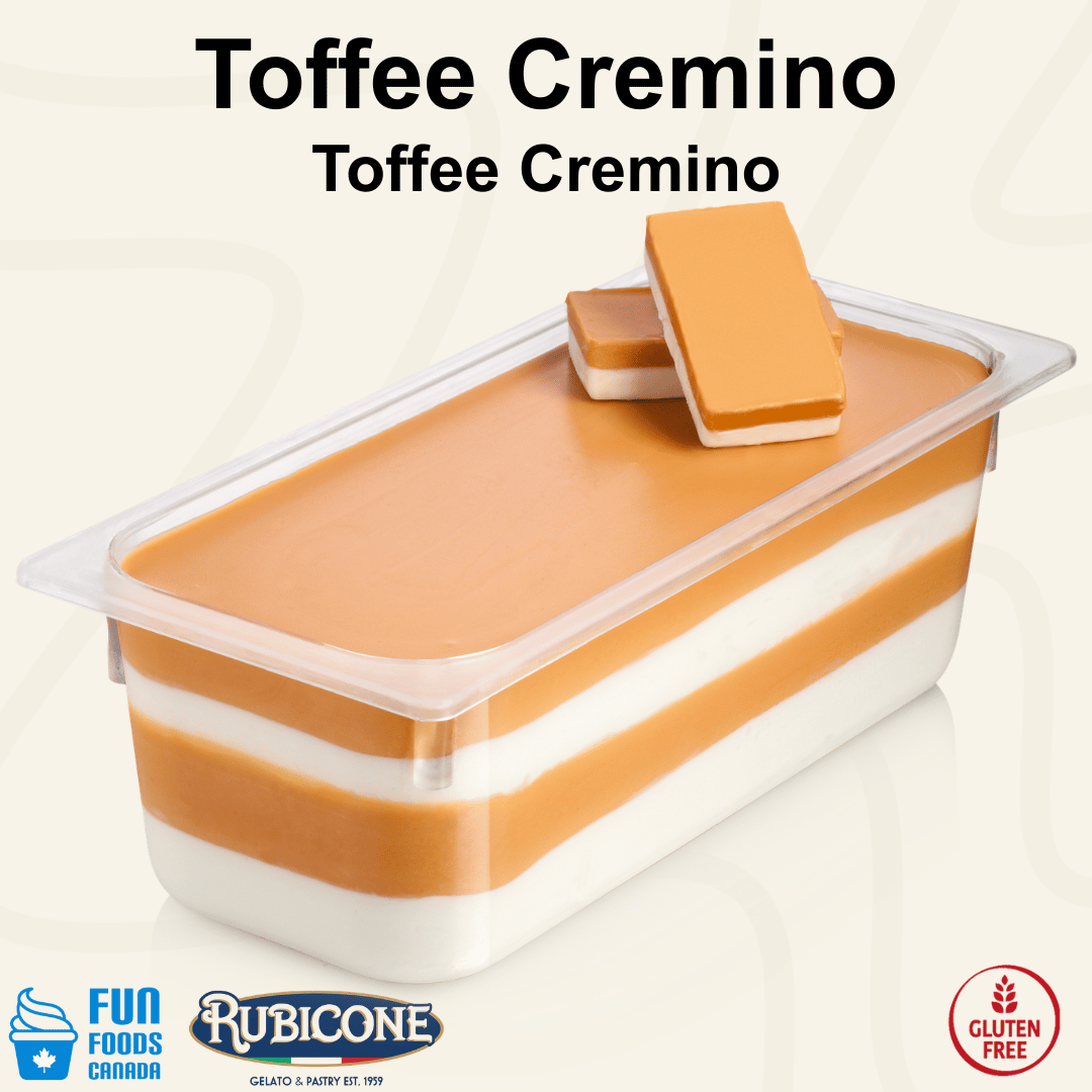 Rubicone Toffee Cremino for premium gelato layers and textures, featuring layered toffee cremino in a display pan topped with decorative cremino bars. Available in Canada from Fun Foods Canada