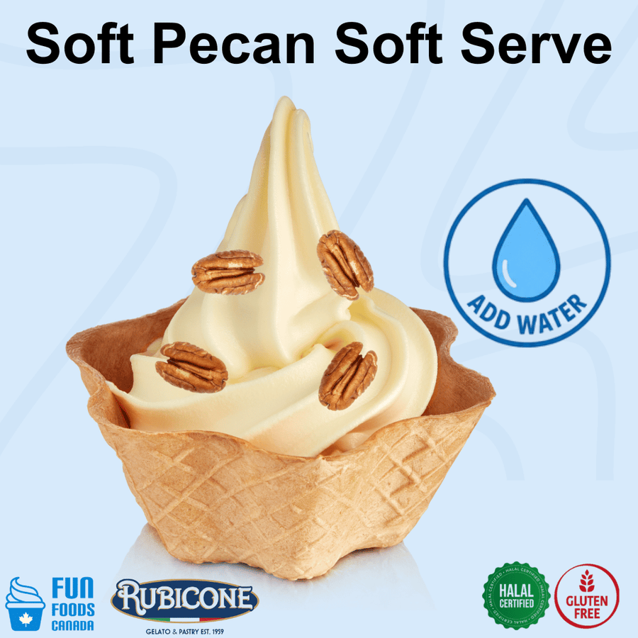 A swirl of pale pecan soft serve ice cream in a waffle cone cup, topped with several pecan halves. Large text at the top reads 'Soft Pecan Soft Serve,' with a blue 'ADD WATER' icon and Rubicone branding at the bottom. Gluten-free, Halal. 