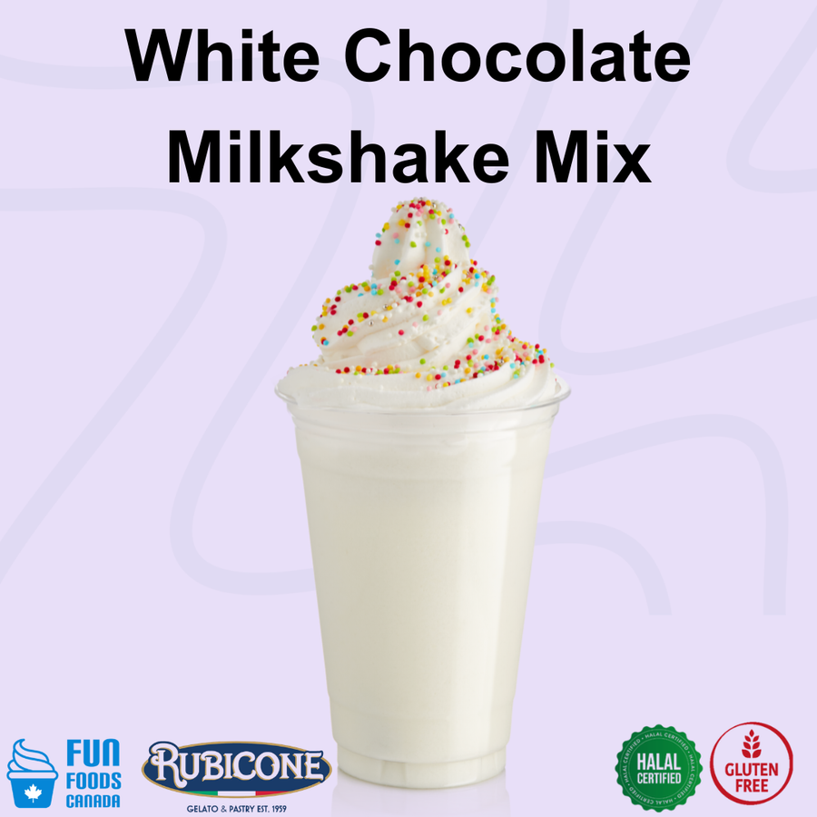 White Chocolate Milkshake Mix by Rubicone, shown as a creamy white milkshake topped with whipped cream and rainbow sprinkles in a clear cup, on a light lavender background with product branding and certification badges.