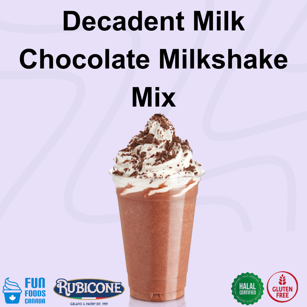 A cup of decadent milk chocolate milkshake mix topped with whipped cream and chocolate shavings, set against a light lavender background with text reading 'Decadent Milk Chocolate Milkshake Mix' and brand logos for Fun Foods Canada and Rubicone. Halal, Gluten-free.