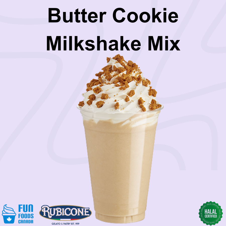 A glass cup filled with a light tan milkshake topped with whipped cream and cookie crumbles, centered on a pale lavender background with the text 'Butter Cookie Milkshake Mix' above it. Brand logos for Fun Foods Canada, Rubicone, and a Halal Certified seal are visible at the bottom.