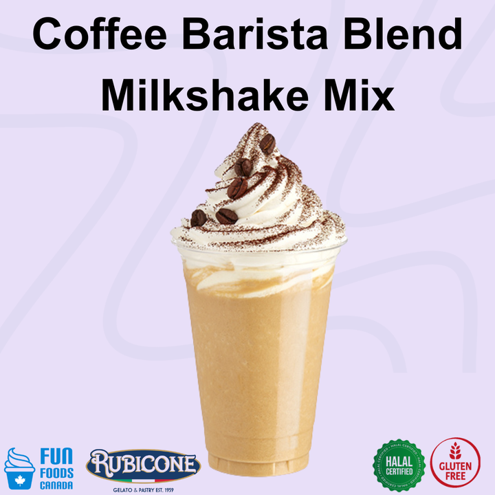 A cup of coffee barista blend milkshake mix topped with whipped cream, cocoa powder, and coffee beans, shown on a light lavender background with the text 'Coffee Barista Blend Milkshake Mix' and brand logos for Fun Foods Canada and Rubicone.