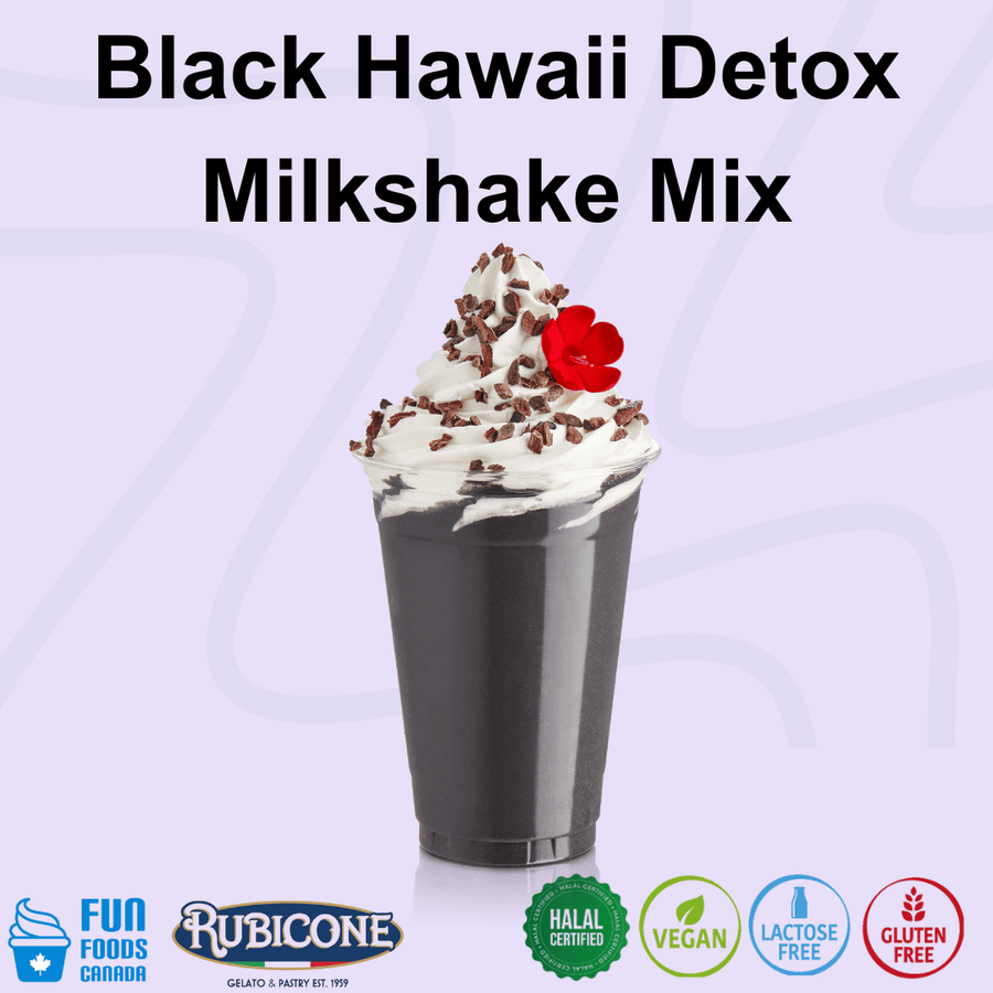 A promotional product image for Black Hawaii Detox Milkshake Mix, featuring a prepared milkshake with whipped cream, chocolate sprinkles, and a red flower garnish on a light lavender background. Brand logos for Fun Foods Canada and Rubicone are shown at the bottom along with certification badges.