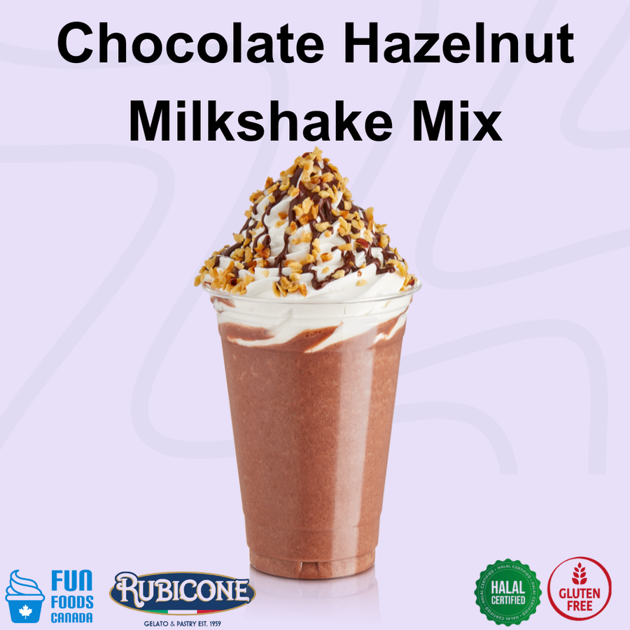 Chocolate hazelnut milkshake mix in a clear plastic cup topped with whipped cream, chopped nuts, and chocolate drizzle, on a light lavender background with the text 'Chocolate Hazelnut Milkshake Mix' and Rubicone branding.