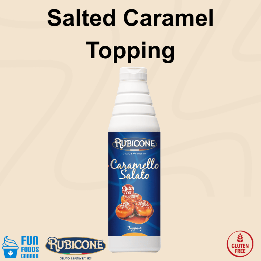 Rubicone Salted Caramel Topping (Caramello Salato), a rich caramel dessert sauce with a balanced salty-sweet flavour for topping and decorating gelato, ice cream, frozen yogurt, pastries and desserts. Gluten-Free.
